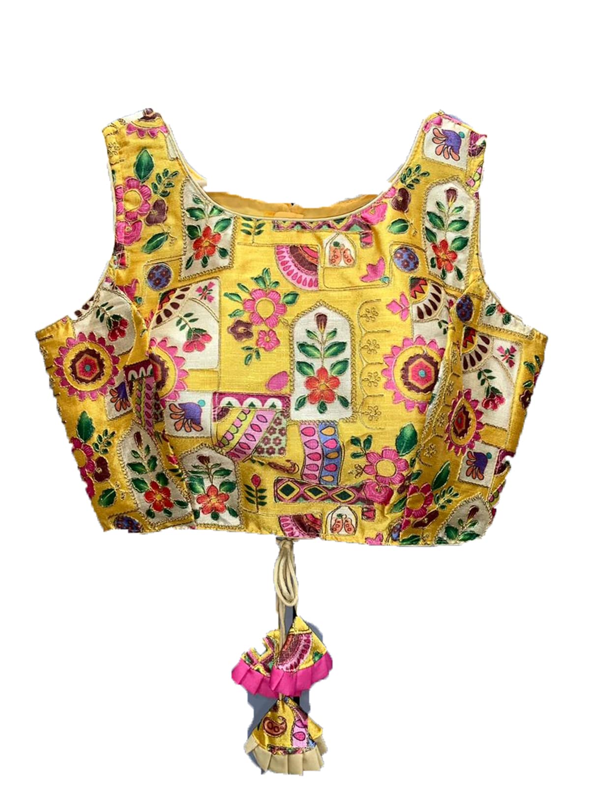 Vihu Fashion Womens Multicolor Phantom Silk deep Back Neck Digital Print Readymadev Sleeveless Saree Blouse