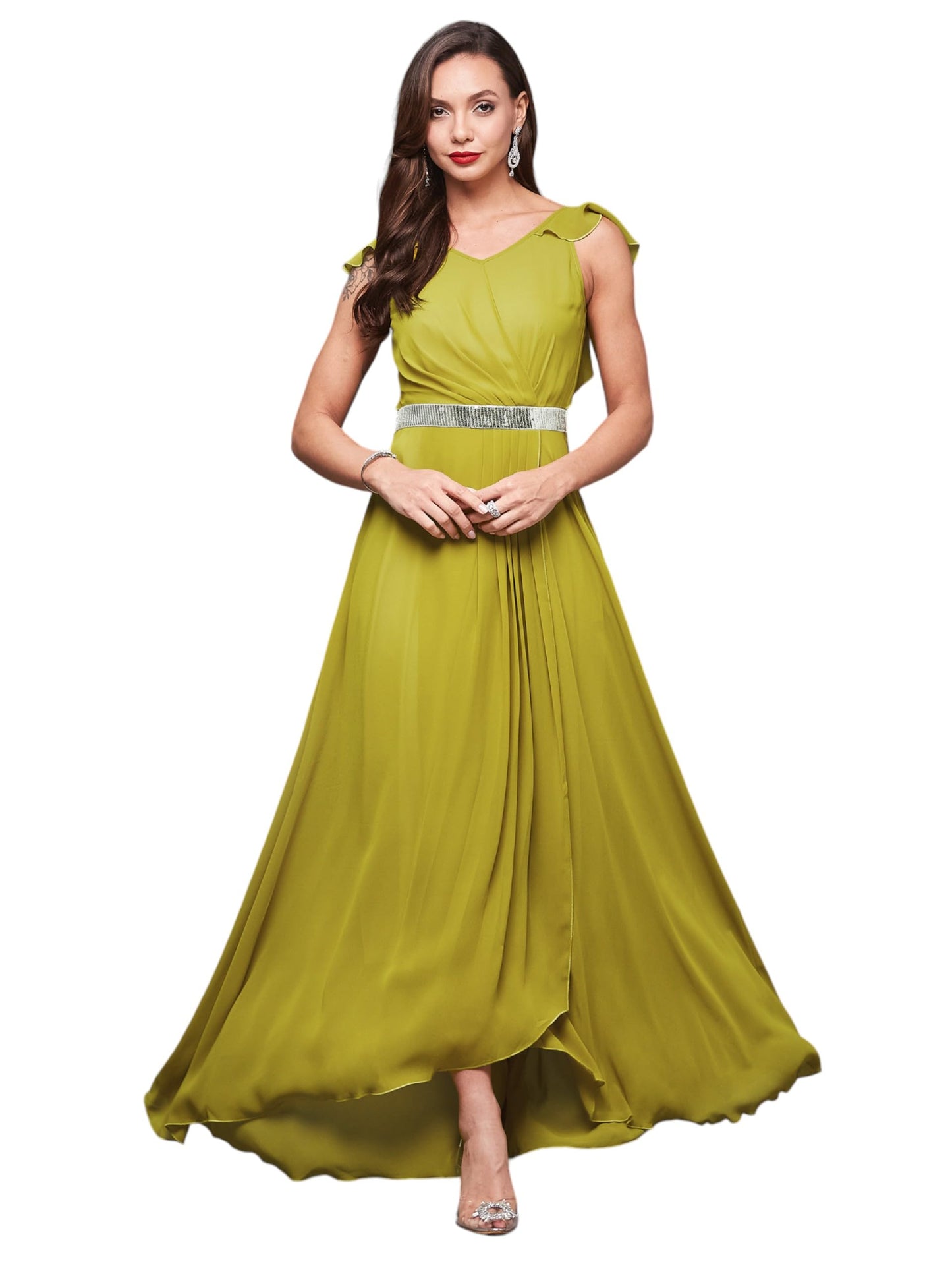 Miss Chase WomenS V-Neck Ruffled Sleeve Solid Embellished Maxi Dress With Pockets (Mcaw21D06-17-311-06, Lemon Green, Xl)