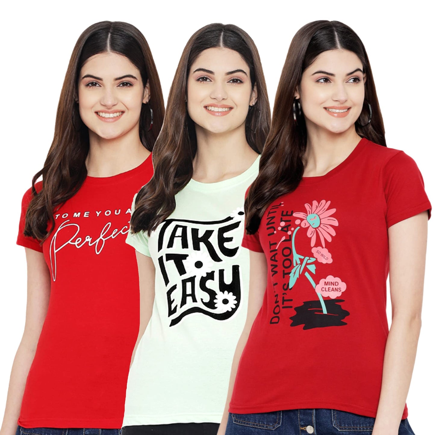 Preneum Womens Cotton Regular Fit Latest Graphic Stylish Printed Short Sleeves Casual T-Shirt || Trends & Stylish (Pack 3), Dar