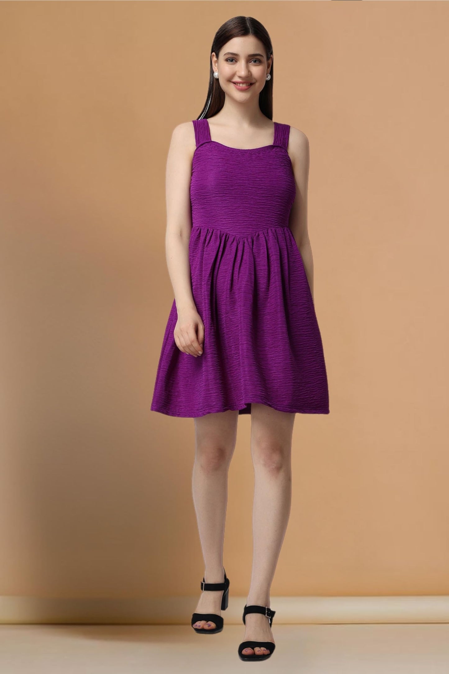 Popwings Casual Self Design Crush Dress For Women || Sleeveless Summer Dress For Women || Latest Stylish Knee-Length Women Dress