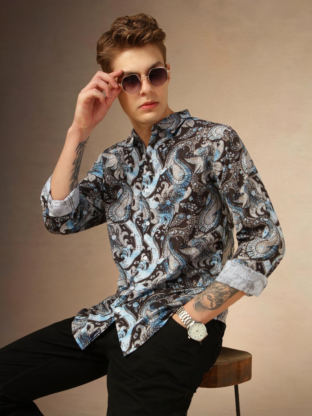 Dennis Lingo Men Regular Fit Cotton Full Sleeves Ethinc Print Casual Shirts Blue