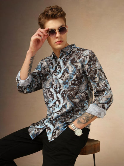 Dennis Lingo Men Regular Fit Cotton Full Sleeves Ethinc Print Casual Shirts Blue