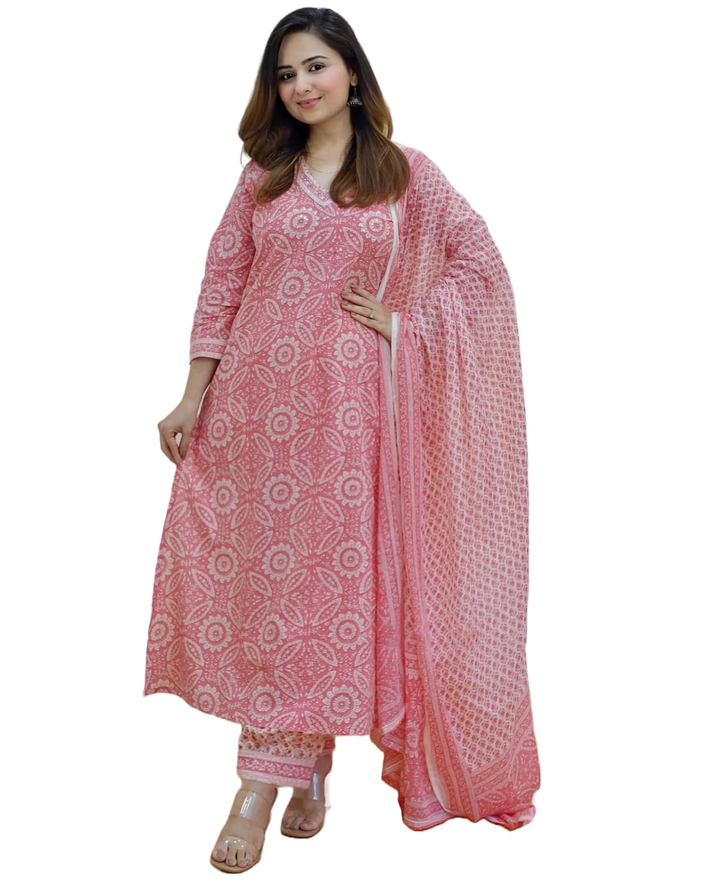 ANNI DESIGNER Womens Cotton Blend Block Printed Straight Kurta with Pant & Dupatta (Nihira Pink_S_Pink_Small)