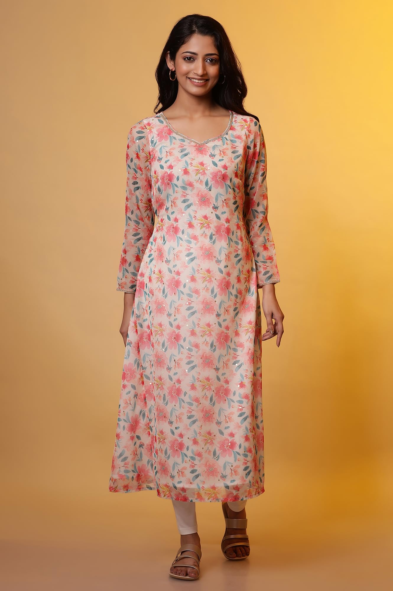 Aurelia Women? Floral Printed Lace Straight Kurta | Sweatheart Neck Kurta for Women | Floral Printed Kurta for Women | Beautiful Regular Fit Kurta for Women
