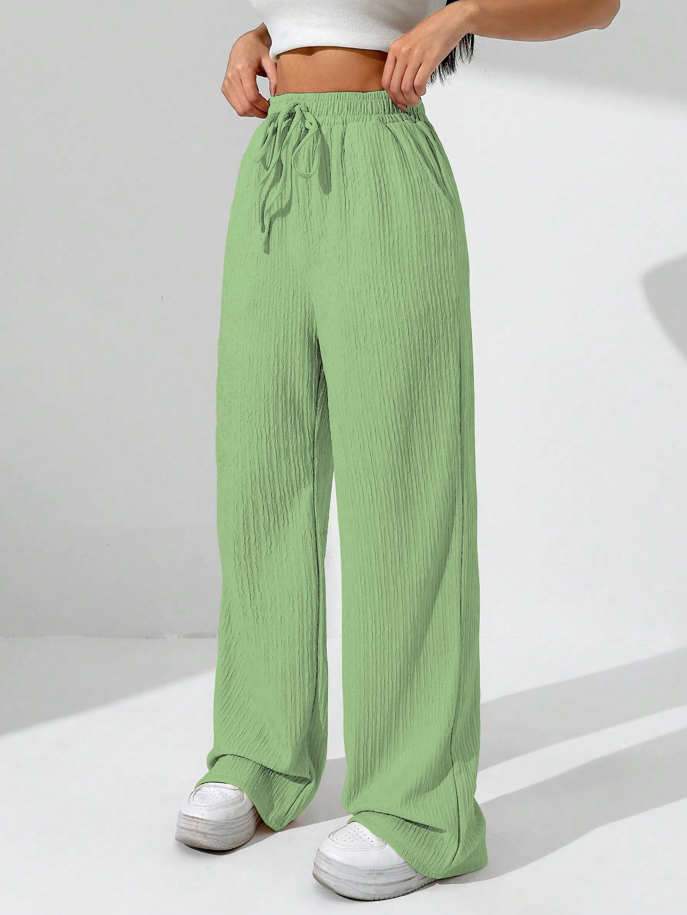 Sugathari Womens Pista Green Loose Wide-Leg Pants with Textured Wrinkled Fabric and Drawstring Waist Long Trousers (Trouser 157
