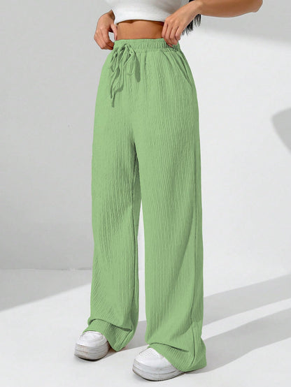 Sugathari Womens Pista Green Loose Wide-Leg Pants with Textured Wrinkled Fabric and Drawstring Waist Long Trousers (Trouser 157