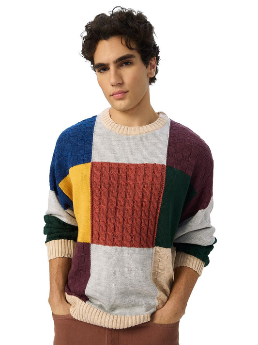 The Souled Store Colourblock Pullover: Autumn Hues Men and Boys Long Sleeves Round Neck Multicolored Acrylic Oversized Pullovers