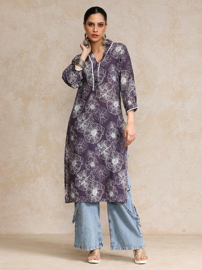 Varanga V Neck Kurta With Lace Detailing And Big Floral Print Purple