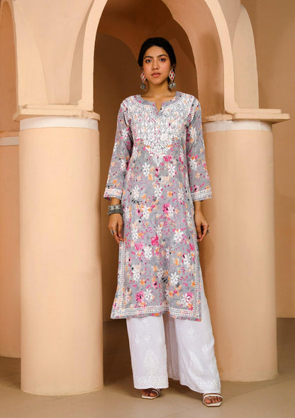 GoSriKi Women's Chikankari Embroidered Kurta with Pant, Grey, XL