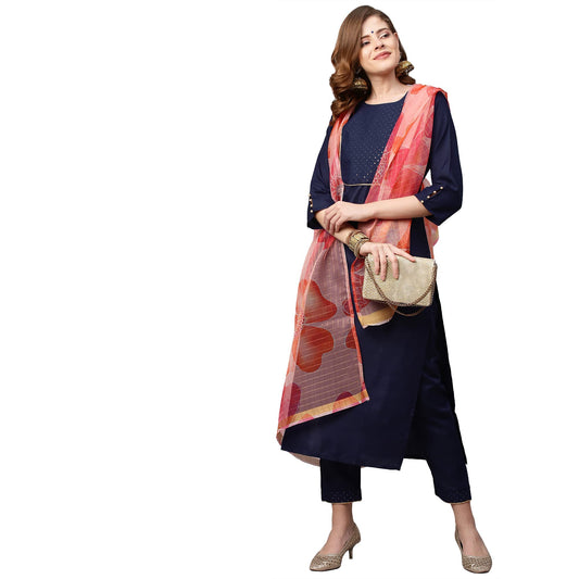 ANNI DESIGNER Women's Cotton Blend Solid & Embroidered Straight Printed Kurta with Pant & Dupatta (YUTHIKS)