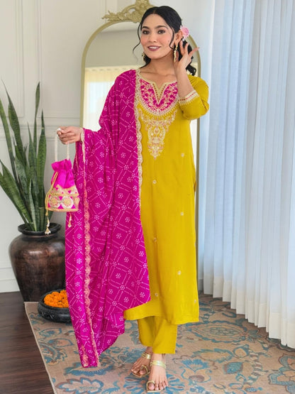Naixa WomenS Mustard Bsy Viscose Embroidered Straight Kurta With Bsy Viscose Pant And Silk Blend Embroidered Laced Dupatta Sets