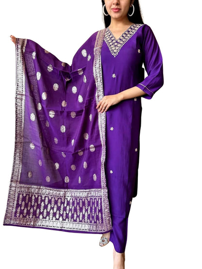 Satpurush WomenS Purple Cotton Silk V-Neck 3/4Th Sleeve Floral Embroidery Straight Kurta Salwar Suit Set With Pant(B-153-A-Purp