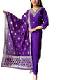 Satpurush WomenS Purple Cotton Silk V-Neck 3/4Th Sleeve Floral Embroidery Straight Kurta Salwar Suit Set With Pant(B-153-A-Purp