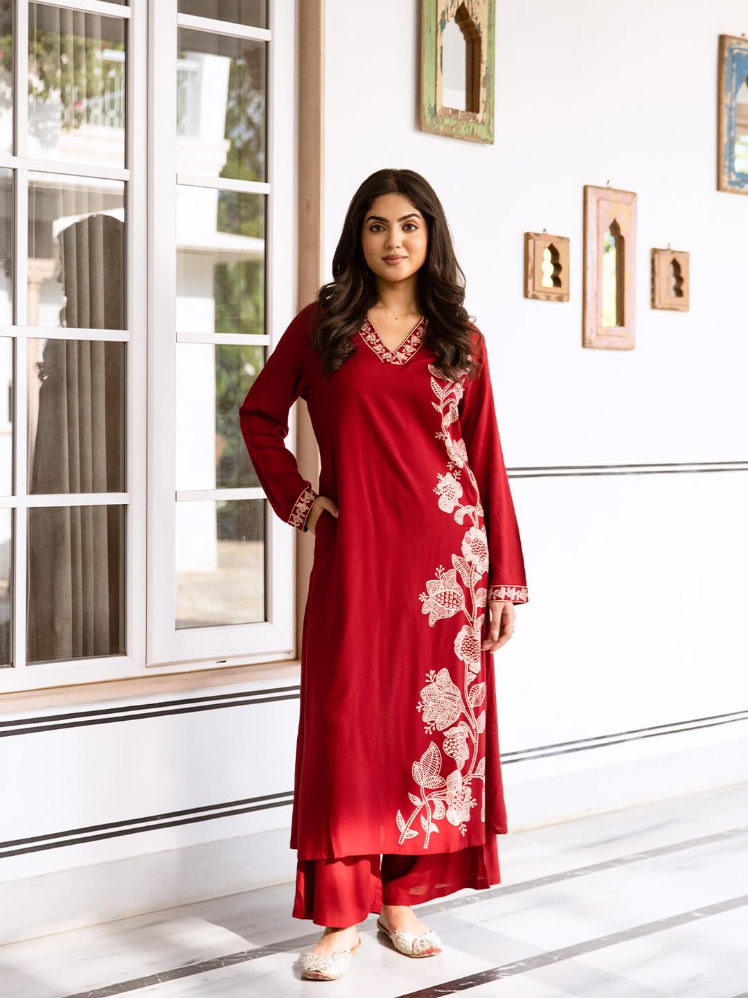 ishin Maroon Floral printed kurta with solid palazzo