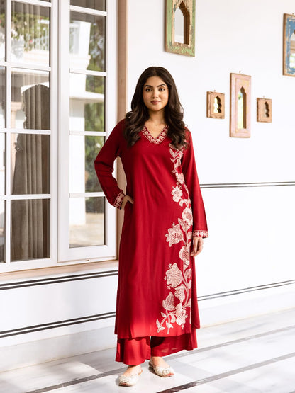 ishin Maroon Floral printed kurta with solid palazzo