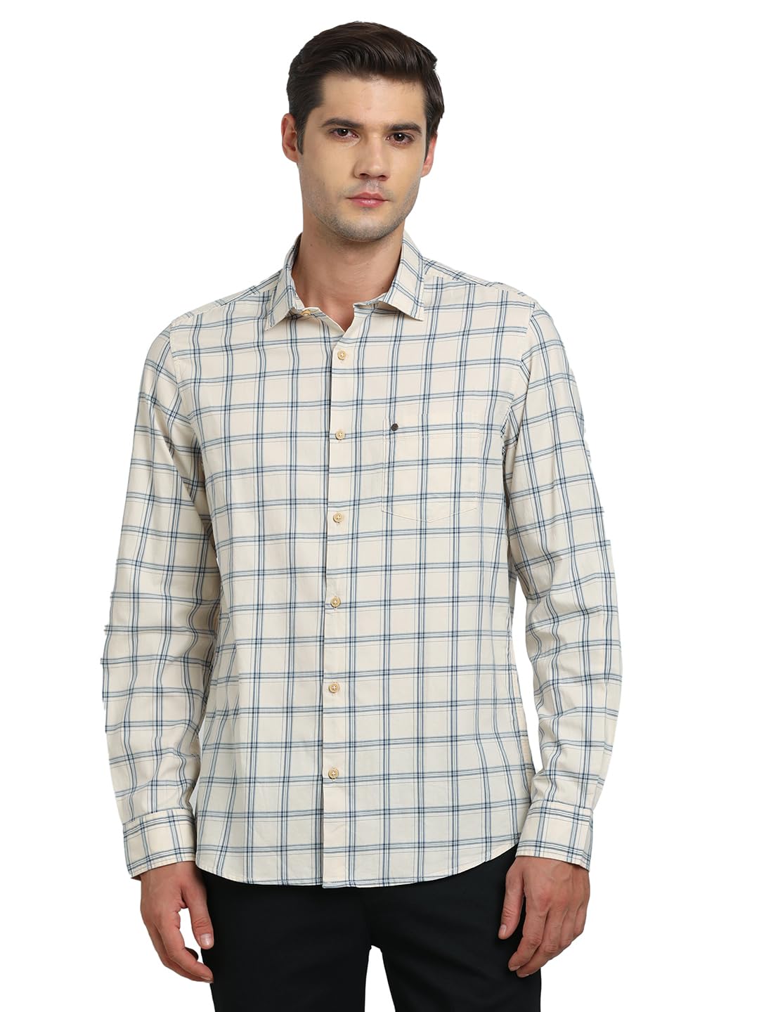 Turtle Men 100% Cotton Slim Fit Beige Casual Shirt