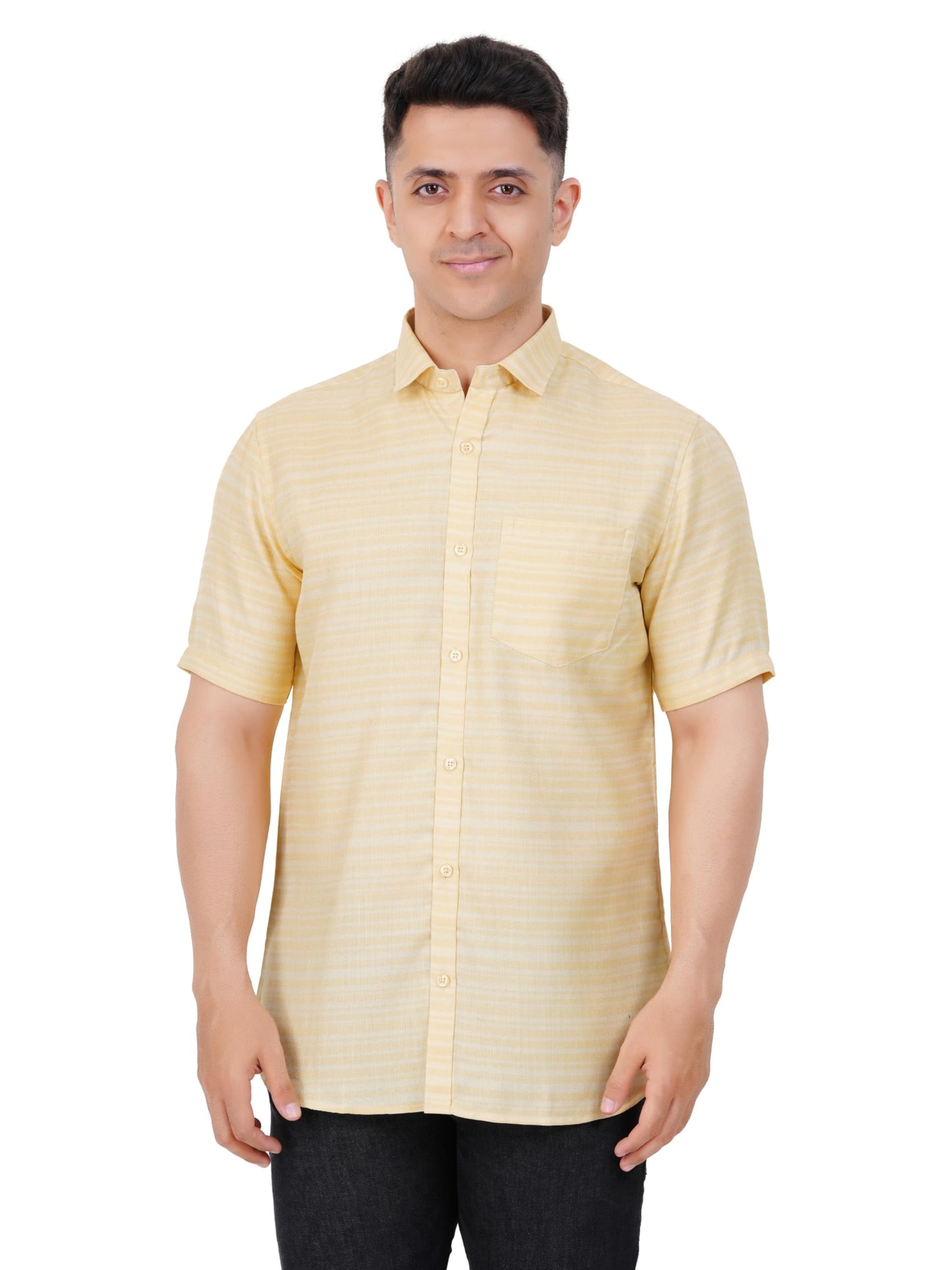 PRAKASAM COTTON Mens Self Design Cotton Half Sleeve Shirt for Mens/Formal Linen Cotton Shirt for Mens/Regular Fit Cotton Shirt f
