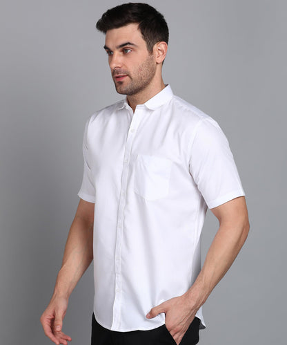 Mildin MenS Regular Cotton Blend White Slim Fit Solid Button Down Spread Collar Half Sleeve Curved Hemline Formal Shirt With On