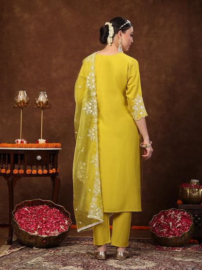 Stylum WomenS Lime Green Solid & Embroidered Silk Straight Kurta Pant Dupatta Set
