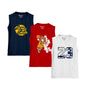 Kyda Kids 100% Cotton Bio Washed Premium Printed Boys Sleeveless Loose Fit Tshirt - Antibacterial Boys Vest - Pack Of 3