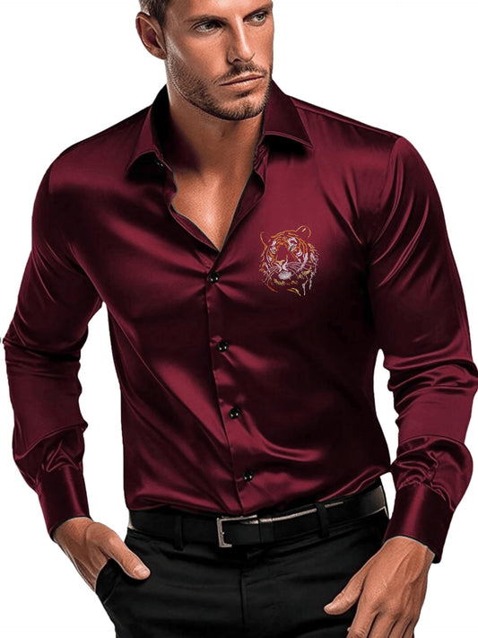 Indoprimo MenS Satin Stylish Club Wear Tiger Diamond Print Shirt Full Sleeve Maroon