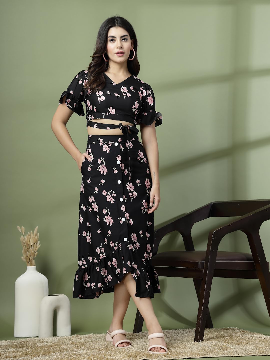 Oomph! Crepe Crop Top And Skirt Set For Women, Black - Coord_Mt895Msk203