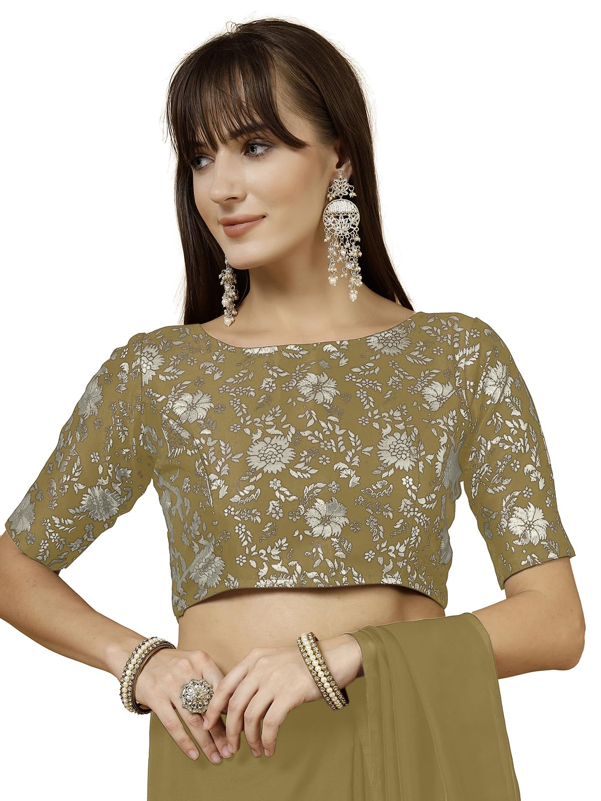 OOMPH! Womens Indian Ethnic Wear Designer Self Design Pattern Zari Work Boat Neck Half Sleeve Mehendi Green Color Jacquard Read
