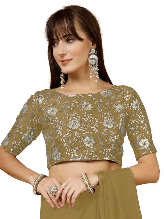 OOMPH! Womens Indian Ethnic Wear Designer Self Design Pattern Zari Work Boat Neck Half Sleeve Mehendi Green Color Jacquard Read