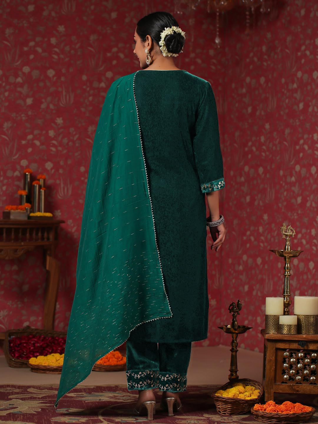 ishin Womens Velvet Ethnic Motifs Zari Teal Straight Kurta Suit Set with Trousers and Dupatta