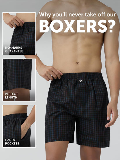XYXX Mens Super Combed Cotton Checkmate Boxer Shorts Elasticated Waist, Drawstring | Loungewear for Men Pack of 2 (XL; Jet Blac