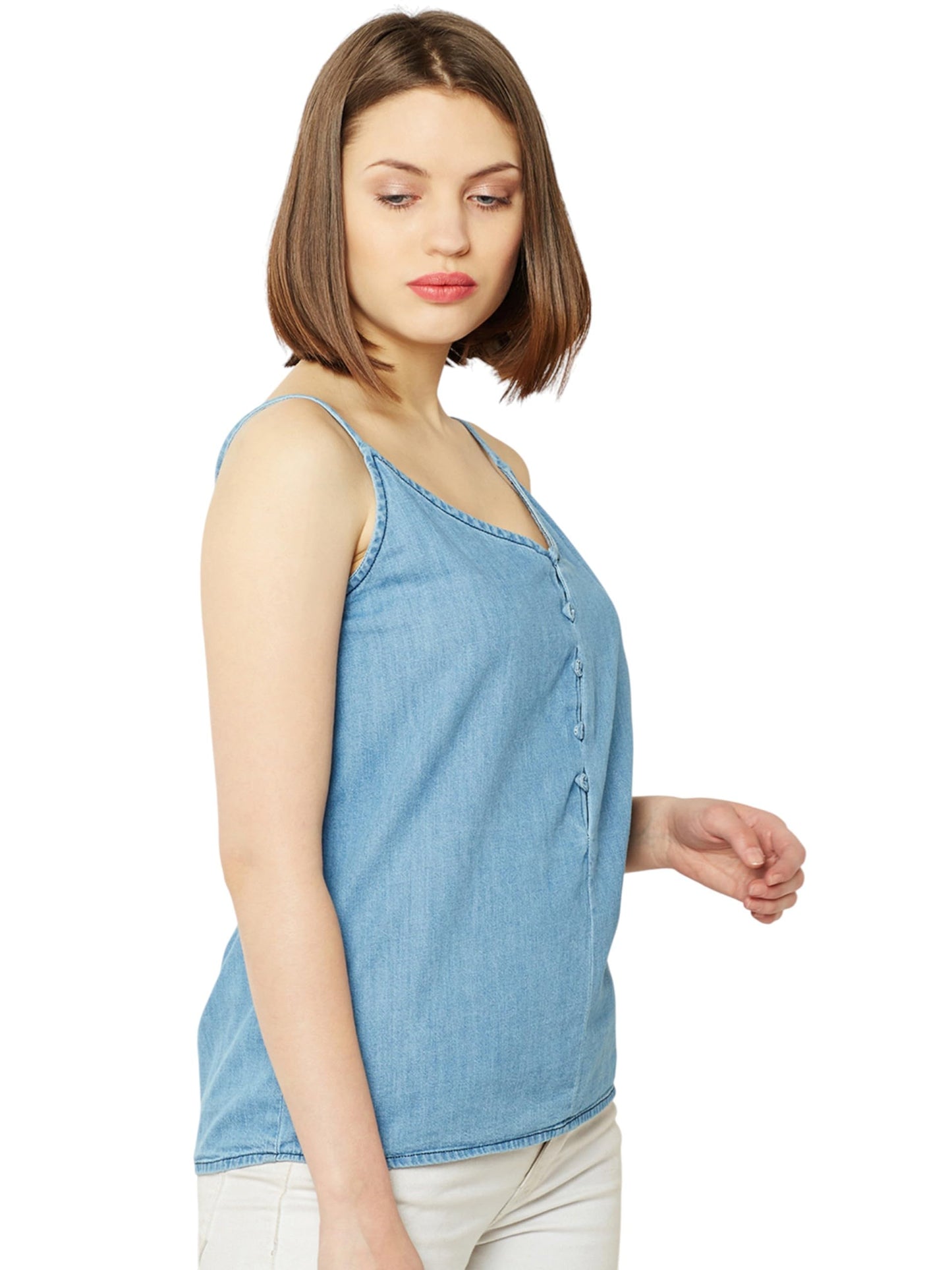 Miss Chase WomenS Round Neck Sleeveless Denim Front Open Peplum Top (Mcaw25Den61-37-31-05, Cobalt Blue, L)