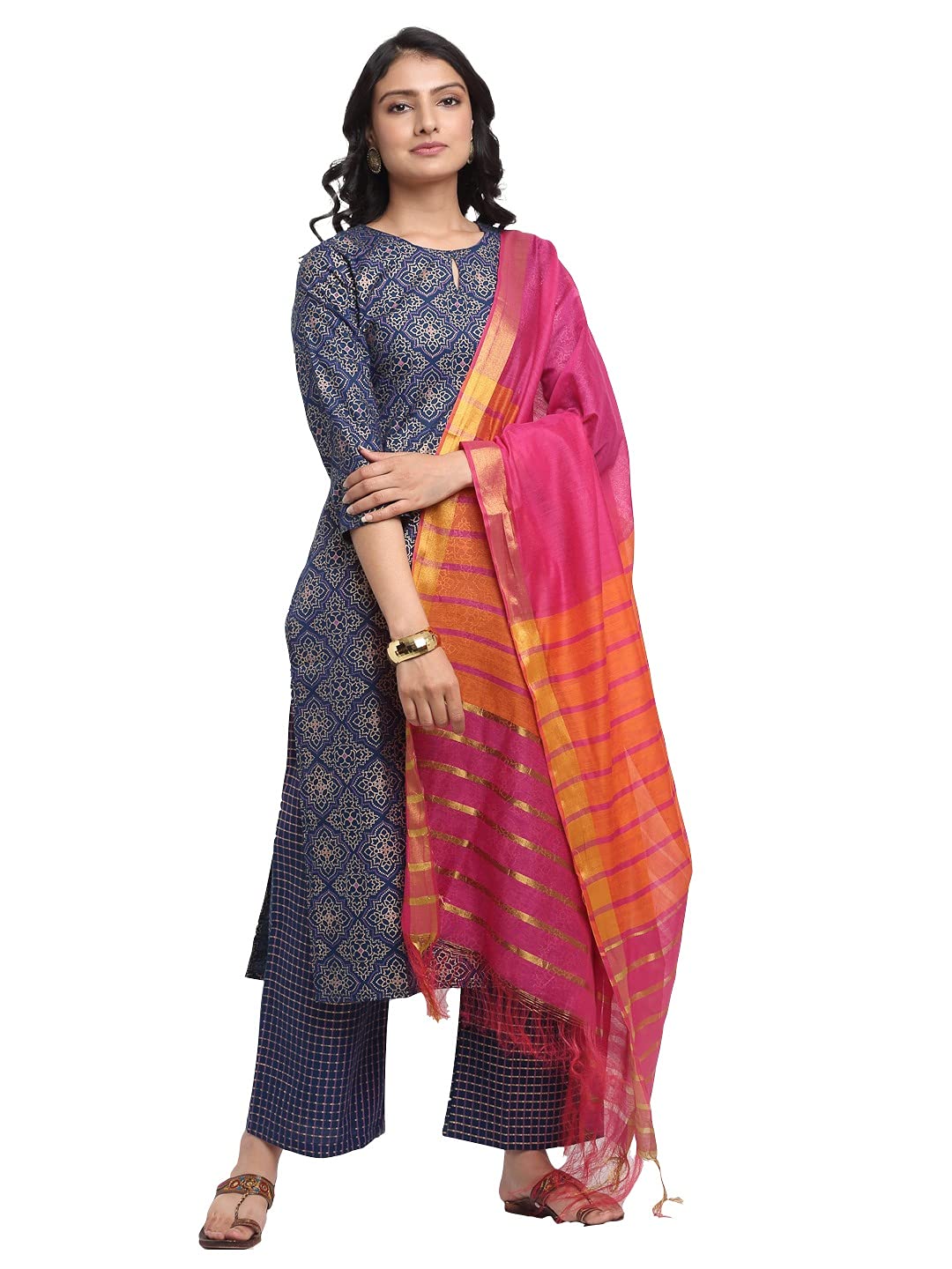 GoSriKi Women's Rayon Cotton Foil Printed Straight Kurta with Palazzo & Dupatta (KSHI)