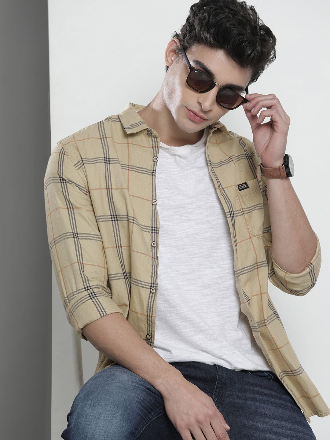 The Indian Garage Co Yellow Regular Fit Spread Collar Checkered Long Sleeves Shirt