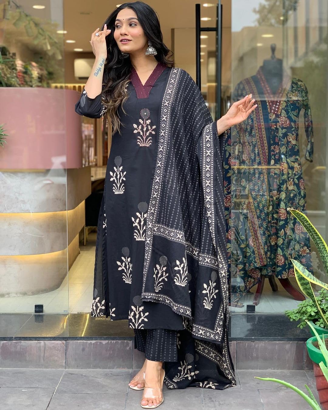 GoSriKi Womens Cotton Blend Straight Printed Kurta with Pant & Dupatta (Uchiha Mustard-GS_XXL_Mustard_XX-Large)