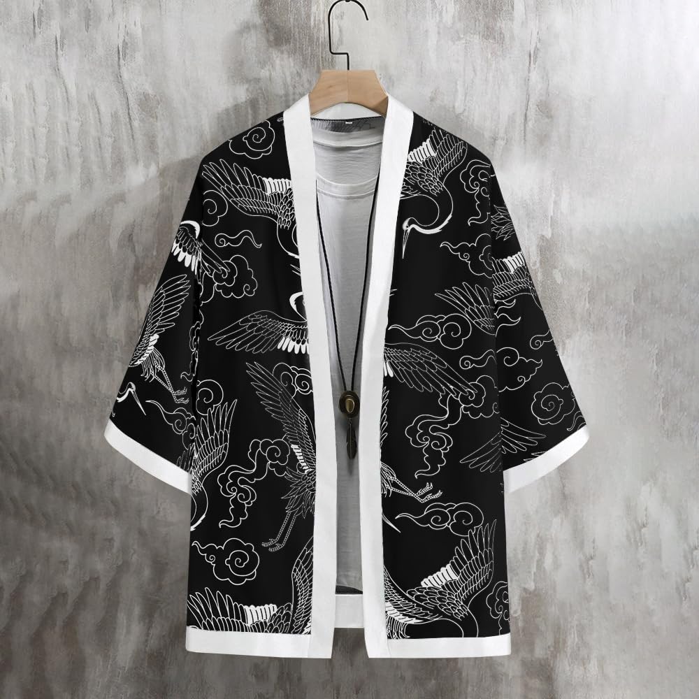 Noble Monk Men Cotton Blend Casual Printed Open Shrug Black White