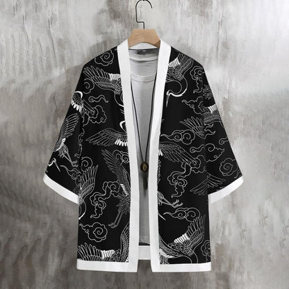 Noble Monk Men Cotton Blend Casual Printed Open Shrug Black White