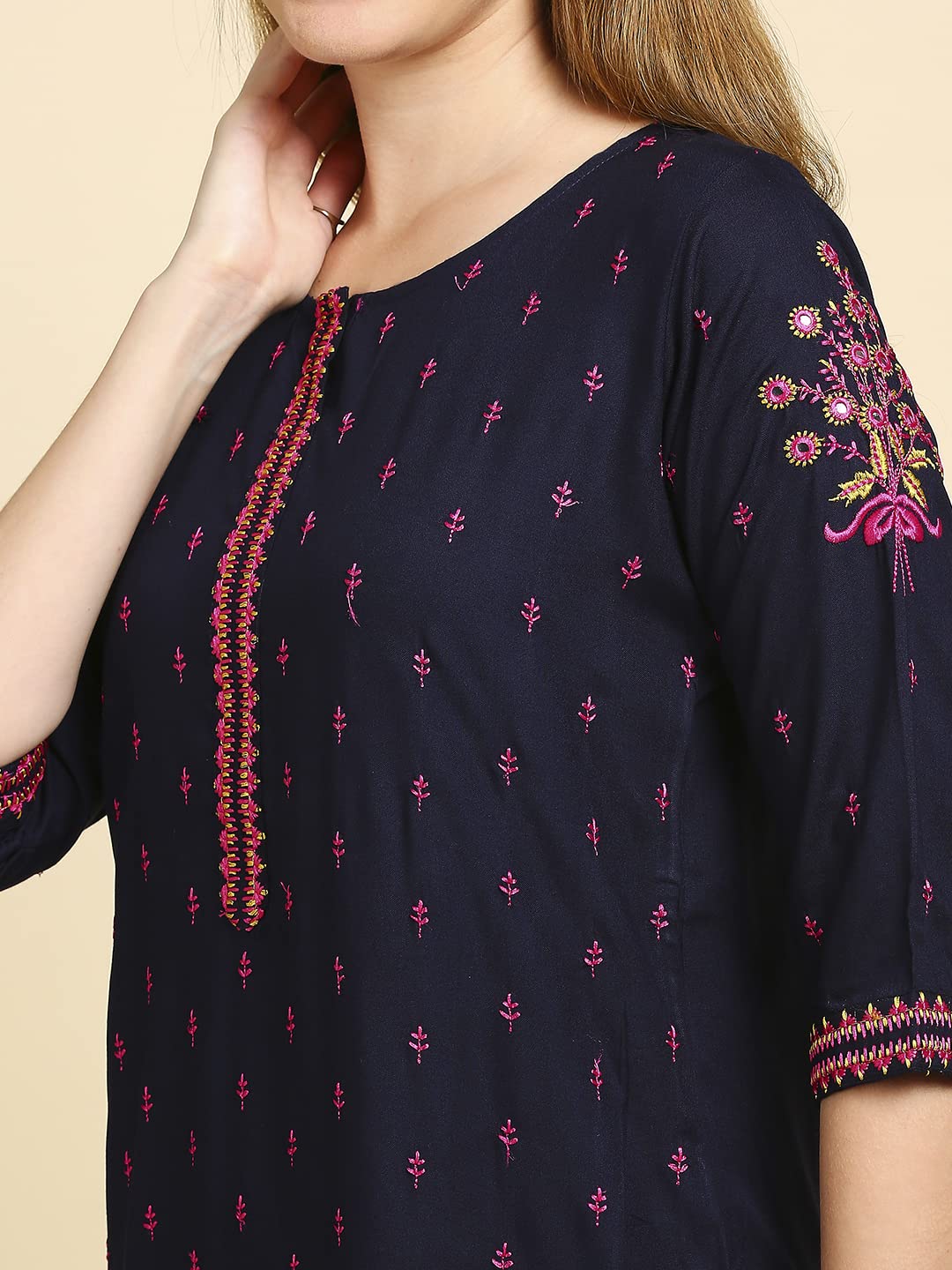 anubhutee Women Rayon Navy Blue Floral Embroidered Kurta Suit Set