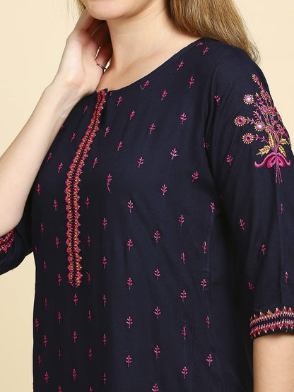 anubhutee Women Rayon Navy Blue Floral Embroidered Kurta Suit Set