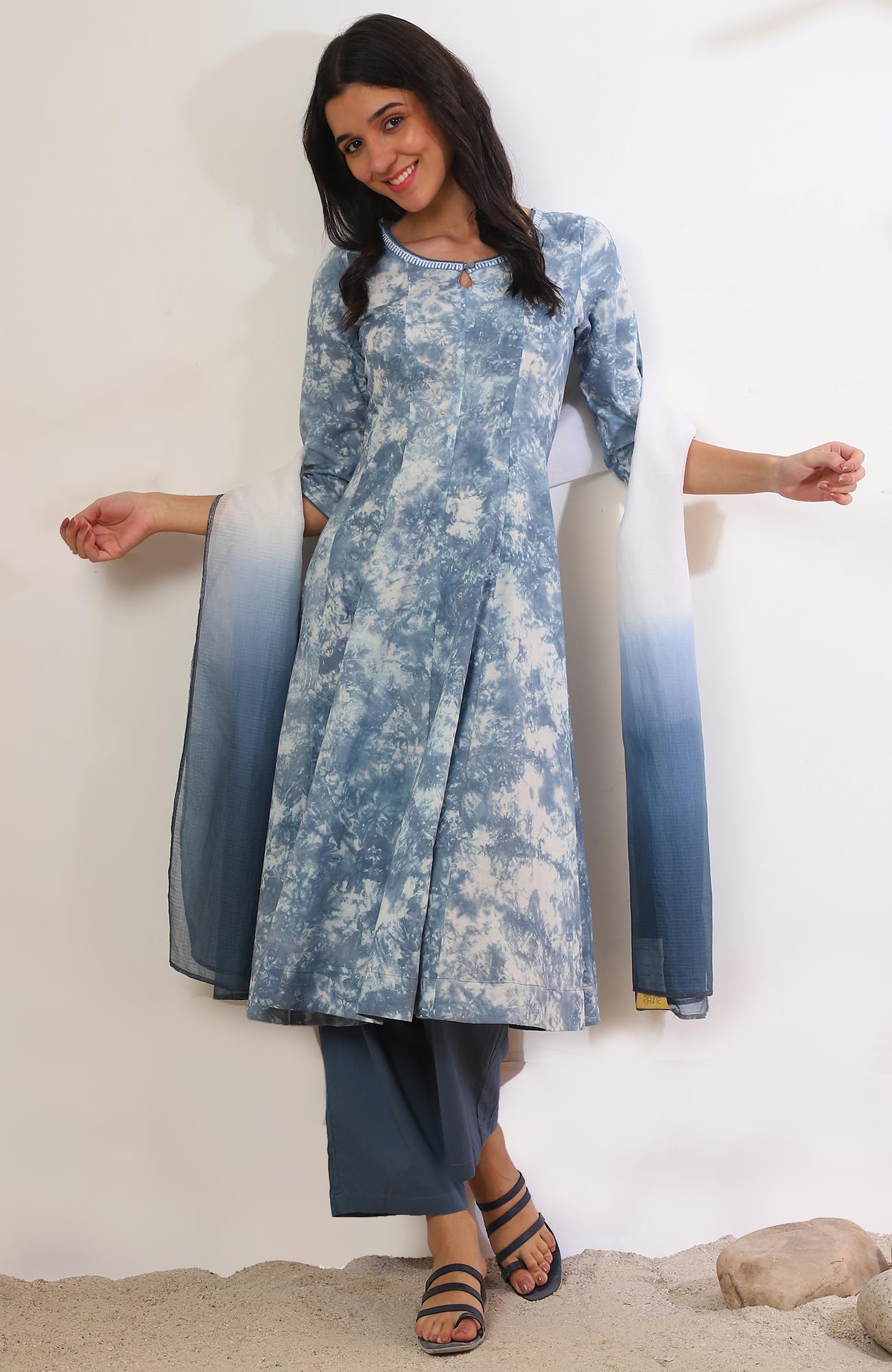 Aurelia Women's Blue Printed Flarred Kurta with Palazzo & Dupatta Set