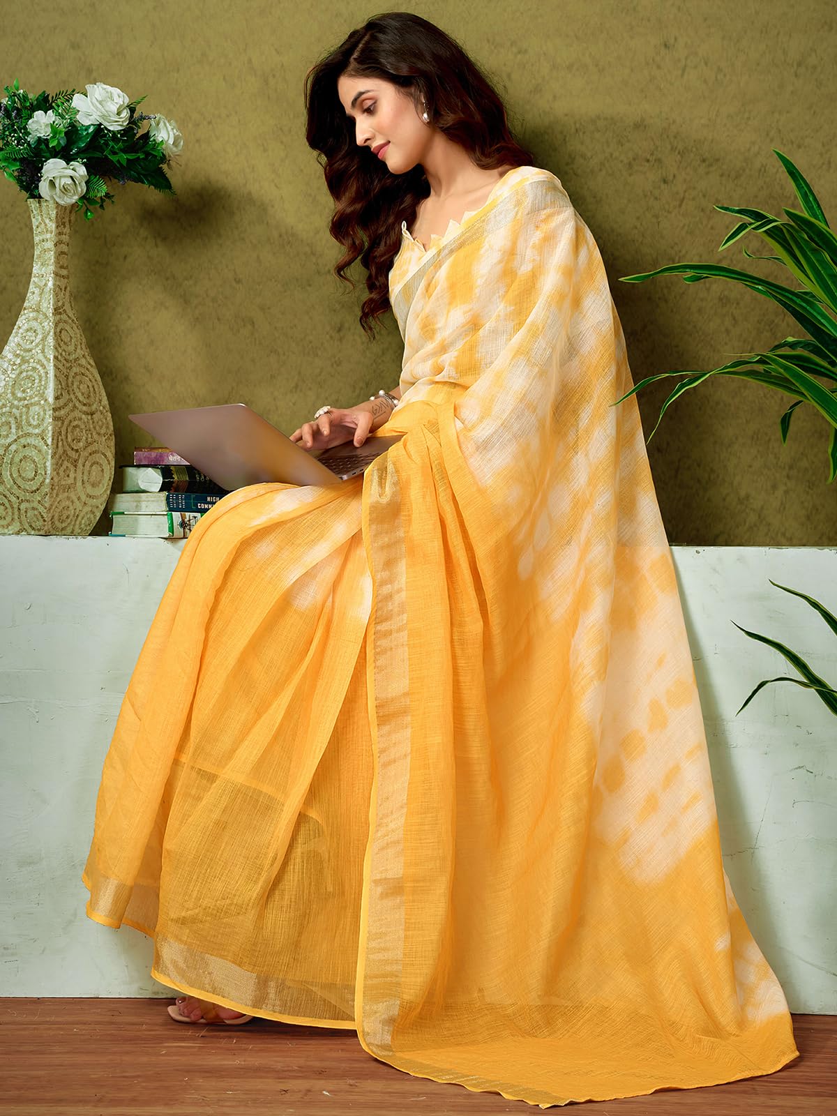 Satrani WomenS Linen Zari Border Printed Ready To Wear One Minute Pre Pleated Readymade Saree With Unstitched Blouse Piece (34R