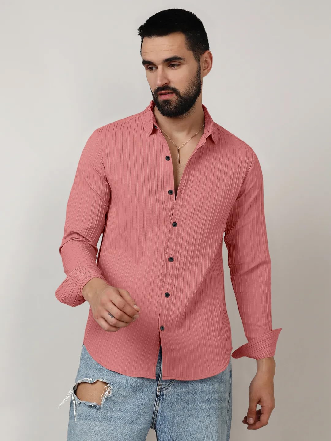 Finivo Fashion MenS Casual Cotton Plain Button Down Shirts Long Sleeve Textured Summer Beach Shirt For Men Peach