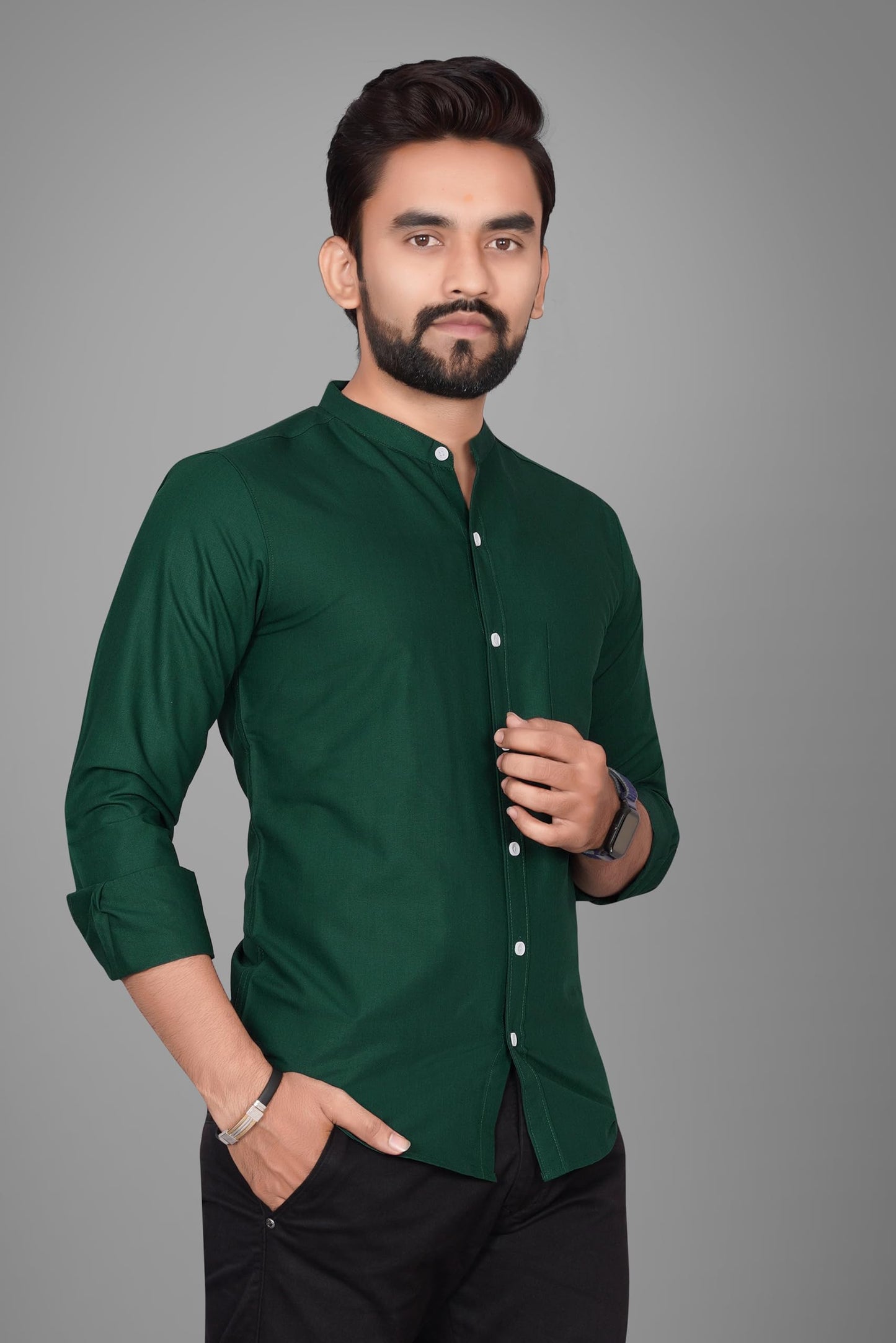 Besix MenS Cotton Solid Shirt With Mandarin Collared Full Sleeve Button Closure Curved Hem Straight Length And One Pocket | Mdr