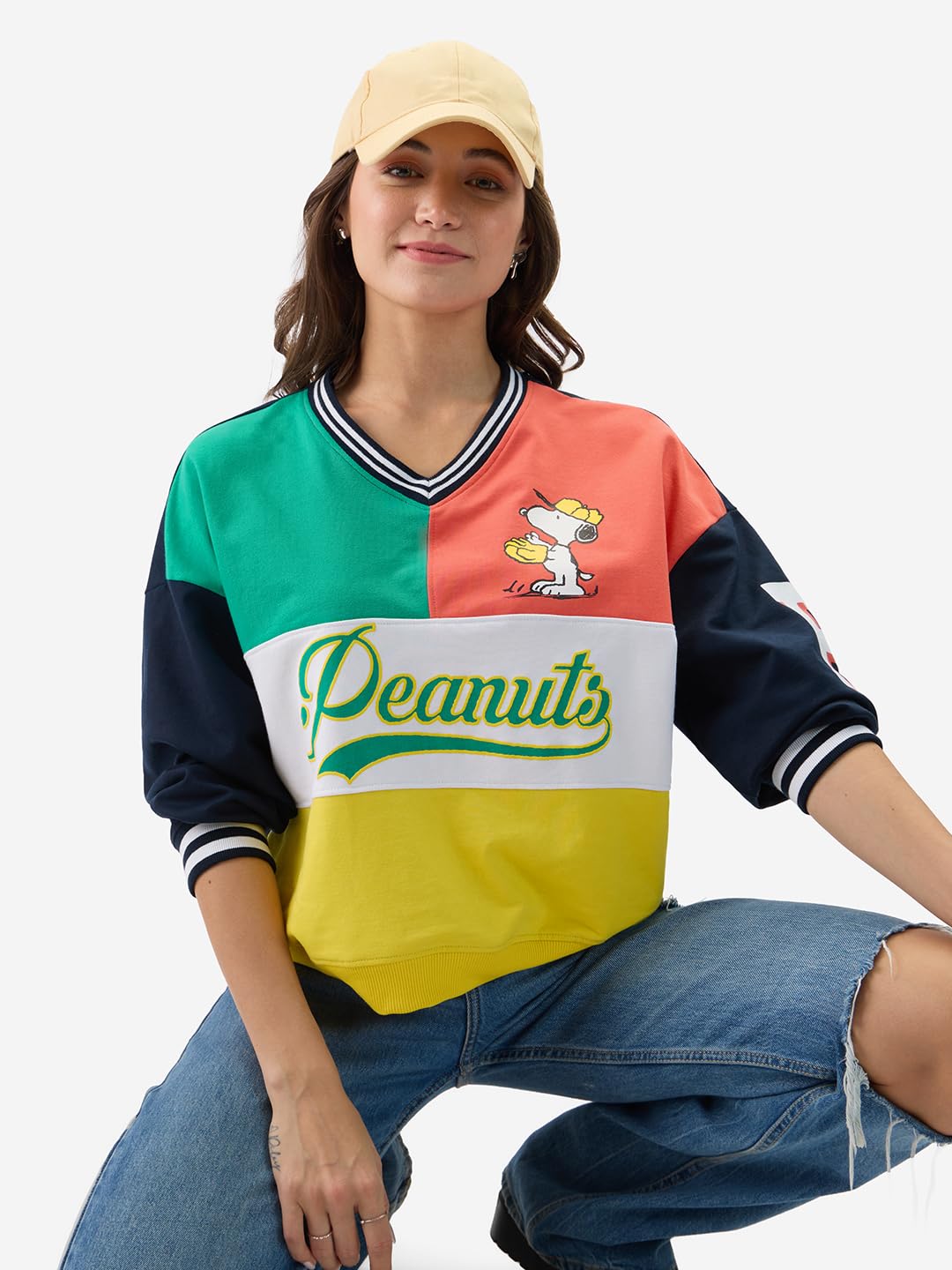 The Souled Store Official Peanuts: Baseball Women and Girls Long Sleeves V Neck Multicolor Graphic Printed Cotton Blend Oversize