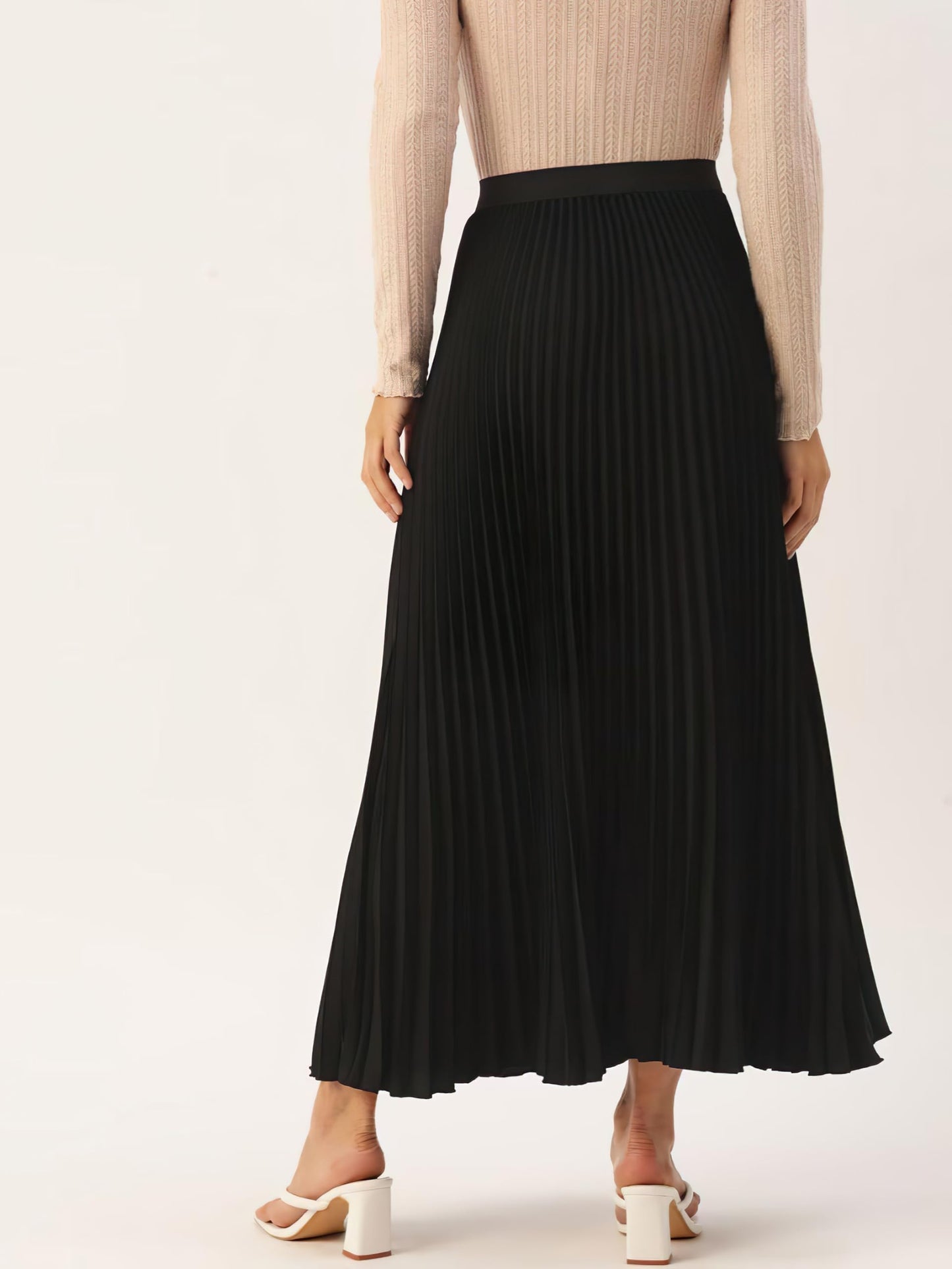 Kzully | Flowing Grace WomenS Satin Accordian Pleat Maxi Flared Skirt Black