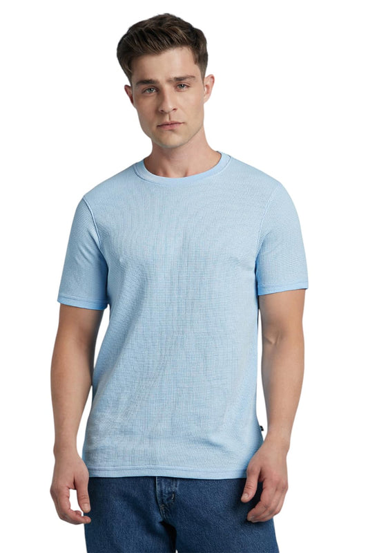 Dennis Lingo Men Cotton Blend Regular Fit Solid Textured T-Shirts Sky Blue