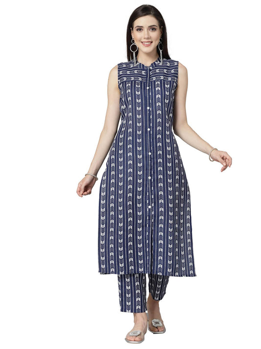 Stylum Women's Printed Cotton Blend Straight Kurta Pant Set (ROYALRUMBLE_Blue)
