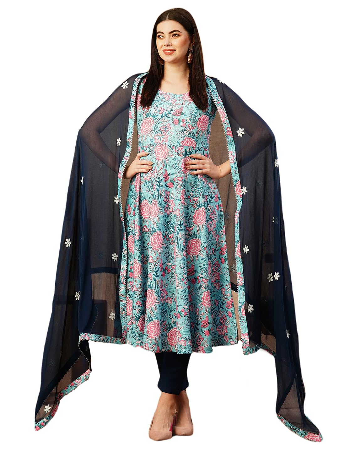 ANNI DESIGNER Womens Cotton Blend Anarkali Printed Kurta with Pant & Dupatta (GOANNI Blue-FKA_XL_Blue_X-Large)