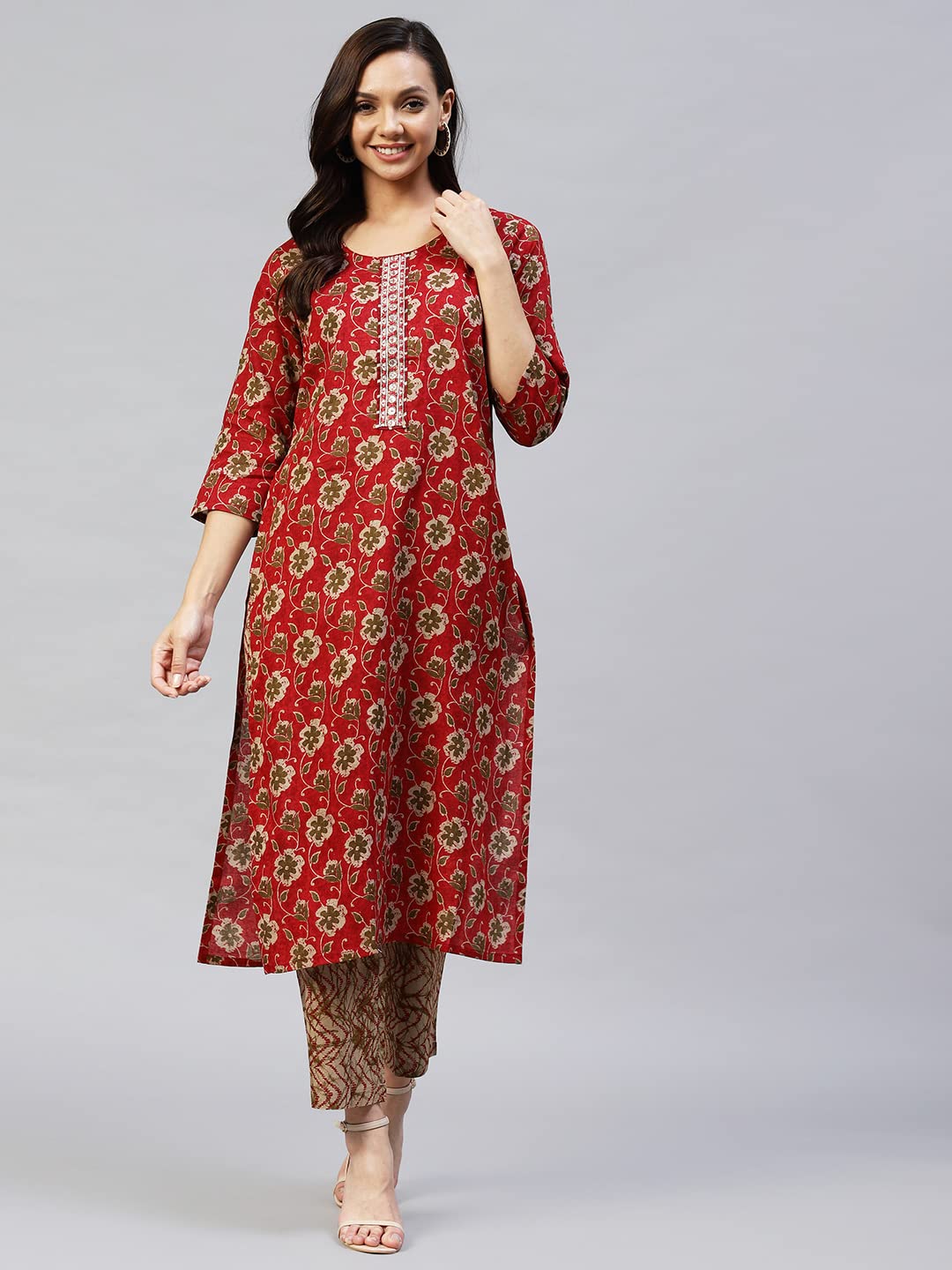 ANNI DESIGNER Women's Cotton Blend Printed Straight Kurta with Pant (Duran Red-NwFB01)