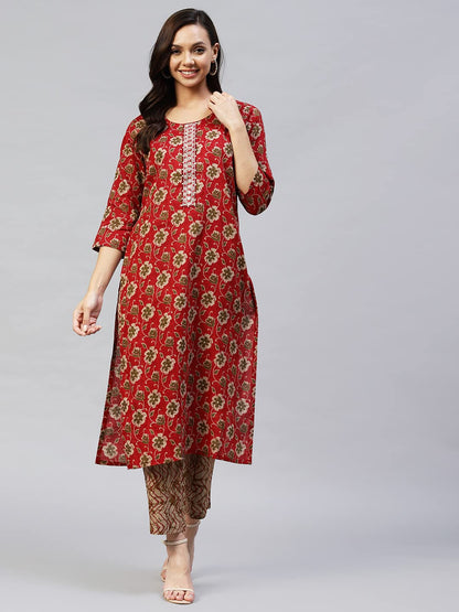 ANNI DESIGNER Women's Cotton Blend Printed Straight Kurta with Pant (Duran Red-NwFB01)
