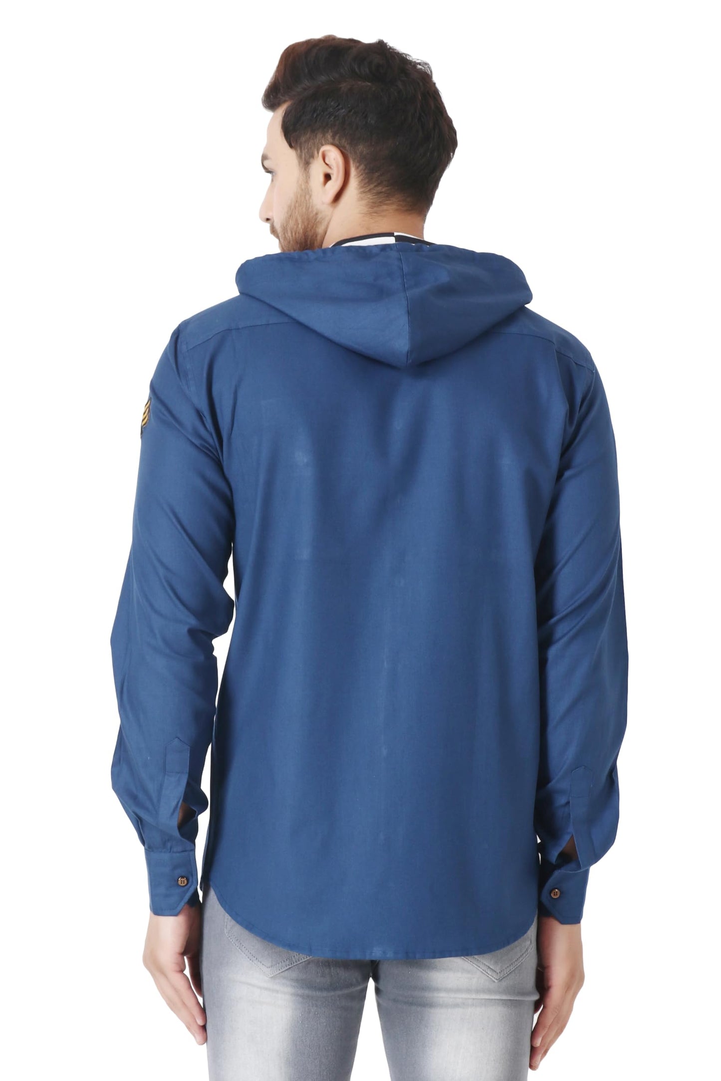 Besix MenS Blue Tailored Fit Cotton Blend Shirt For Man With Hoodie - Casual Long Sleeve Shirt With Pockets - Patch Detail For